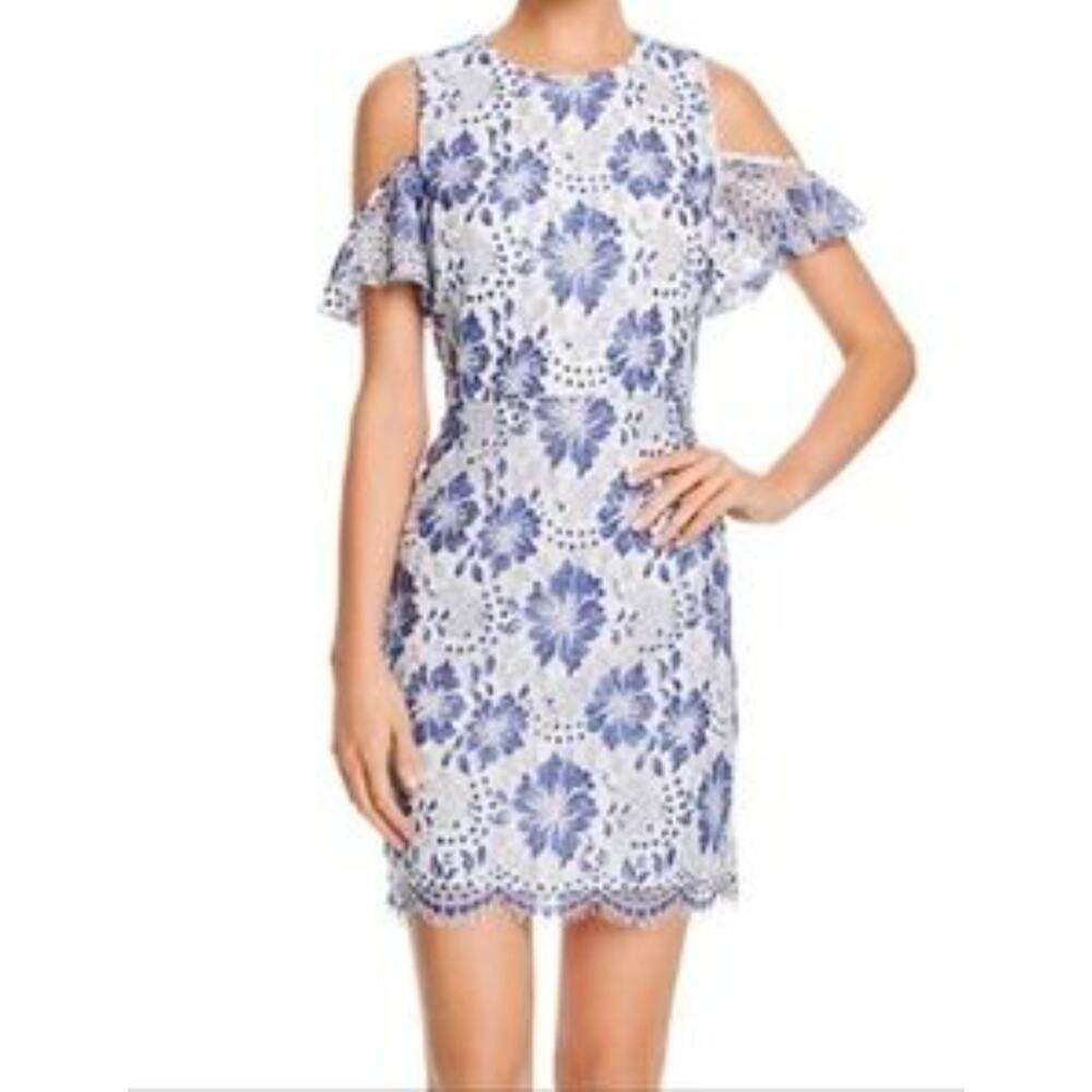 French Connection Womens Lacey Floral Cold Shoulder Mini Dress White‎ Blue 6 NWT